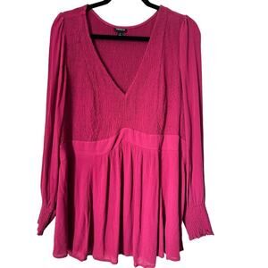 Torrid Top Womens Size 2X Pink Babydoll Crinkle Gauze Smocked Long Sleeve Tunic